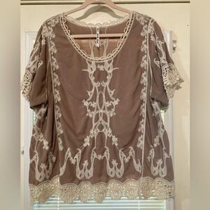 Elegant Lace Trim Brown Top XL